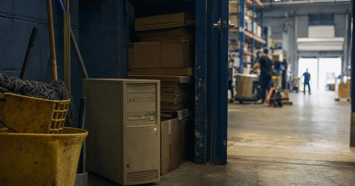 A dusty old tower computer sitting on the floor of a warehouse janitor's closet between a mop bucket and stacked cartons of shipping envelopes, one amber activity light glowing, the door propped open to a busy loading dock beyond.